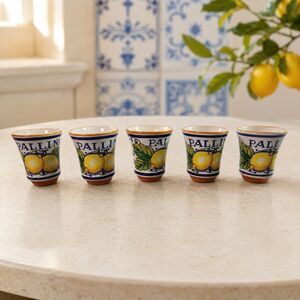 Pallini Limoncello Ceramic Shot Cups Set of 5 Deruta Italy Lemon Pottery 1.5 oz